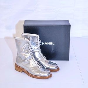 SOLD Chanel Runway Silver Leather Combat Boots 39